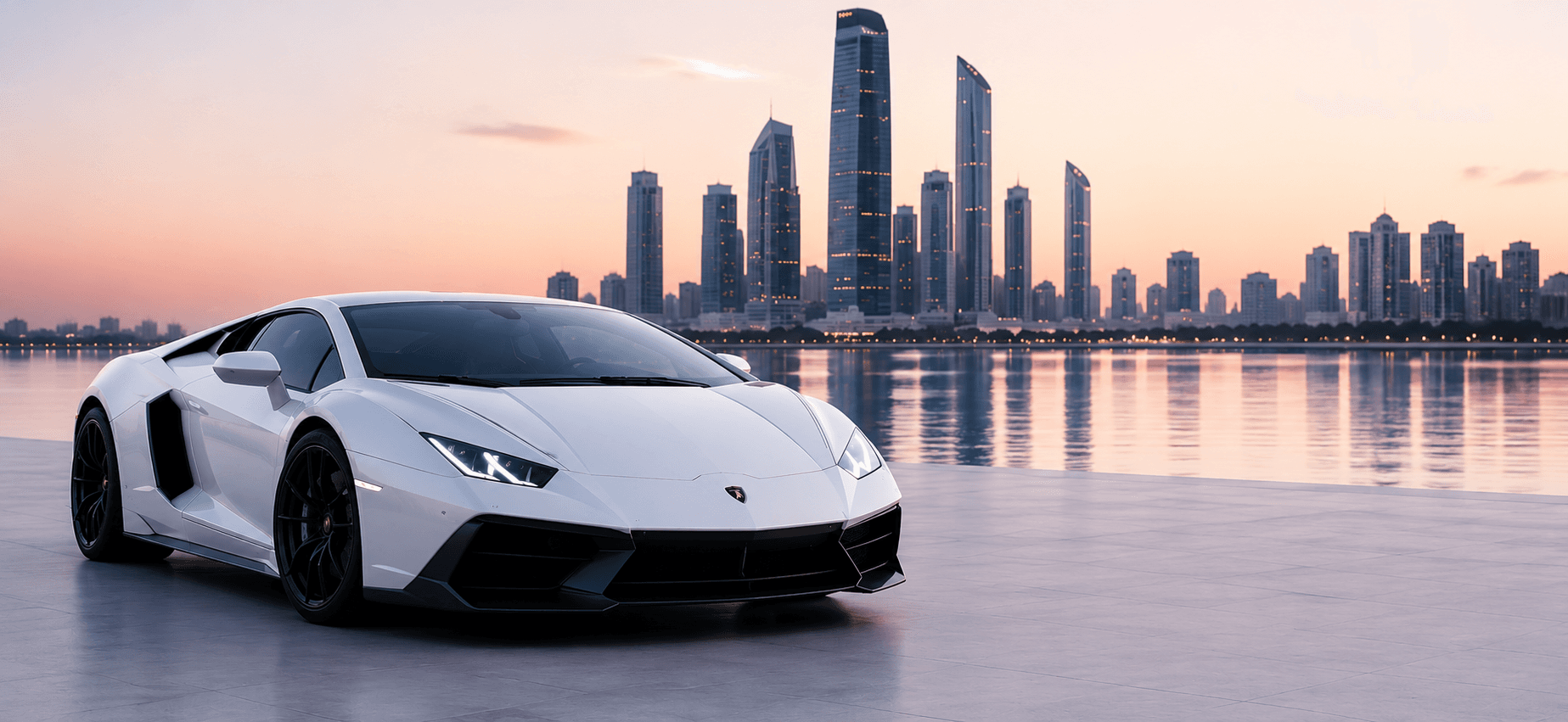 Luxury vehicle with a South Florida city skyline at dusk
